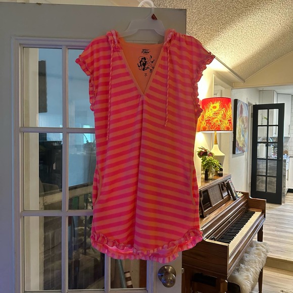 Betsey Johnson orange & pink striped terrycloth coverup. Large - Picture 6 of 8